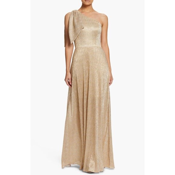 DRESS THE POPULATION Savannah Gold Lame One Shoulder Bow Gown Maxi Dress, Size S - Picture 1 of 13